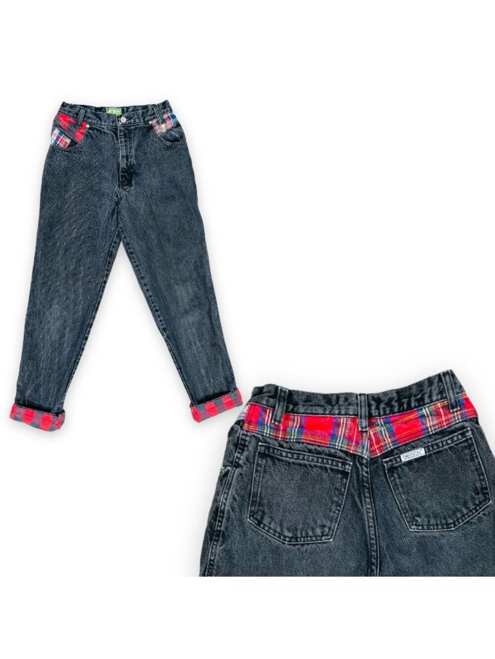 Vintage Sasson High Waist Rise Grunge Black + Red Plaid Denim Jeans 25"